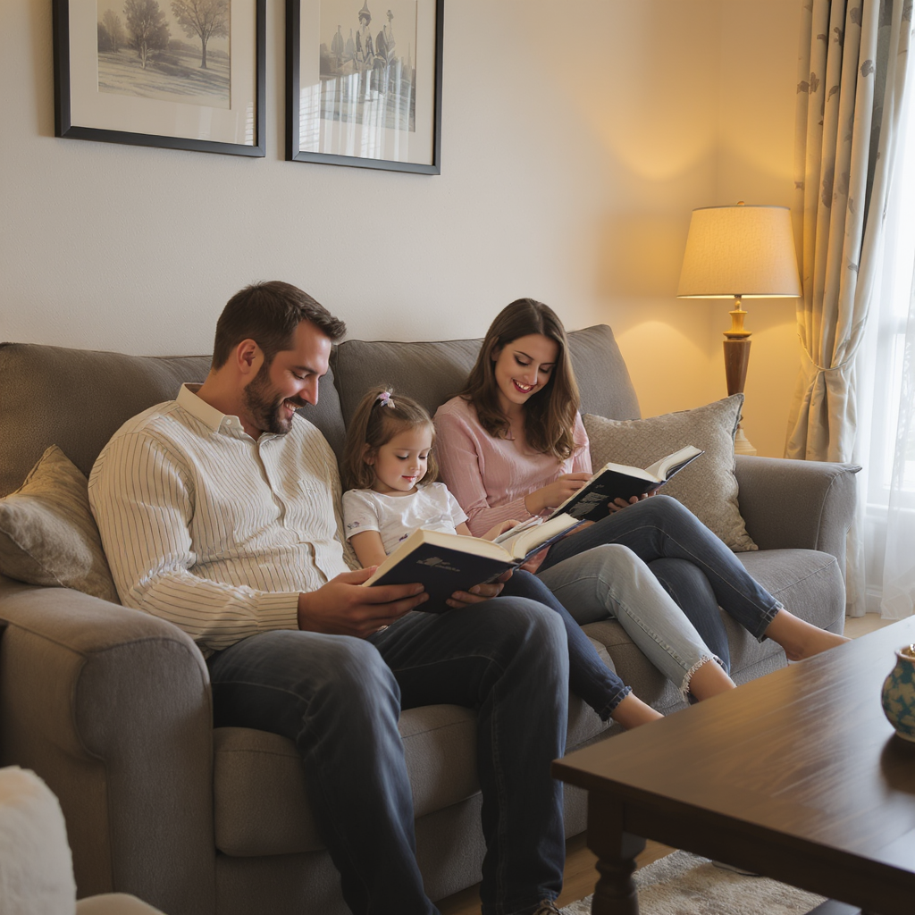 Família lendo junta no sofá