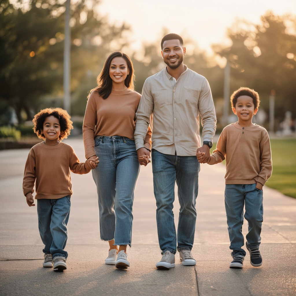 Pais caminhando com os filhos, liderando pelo exemplo